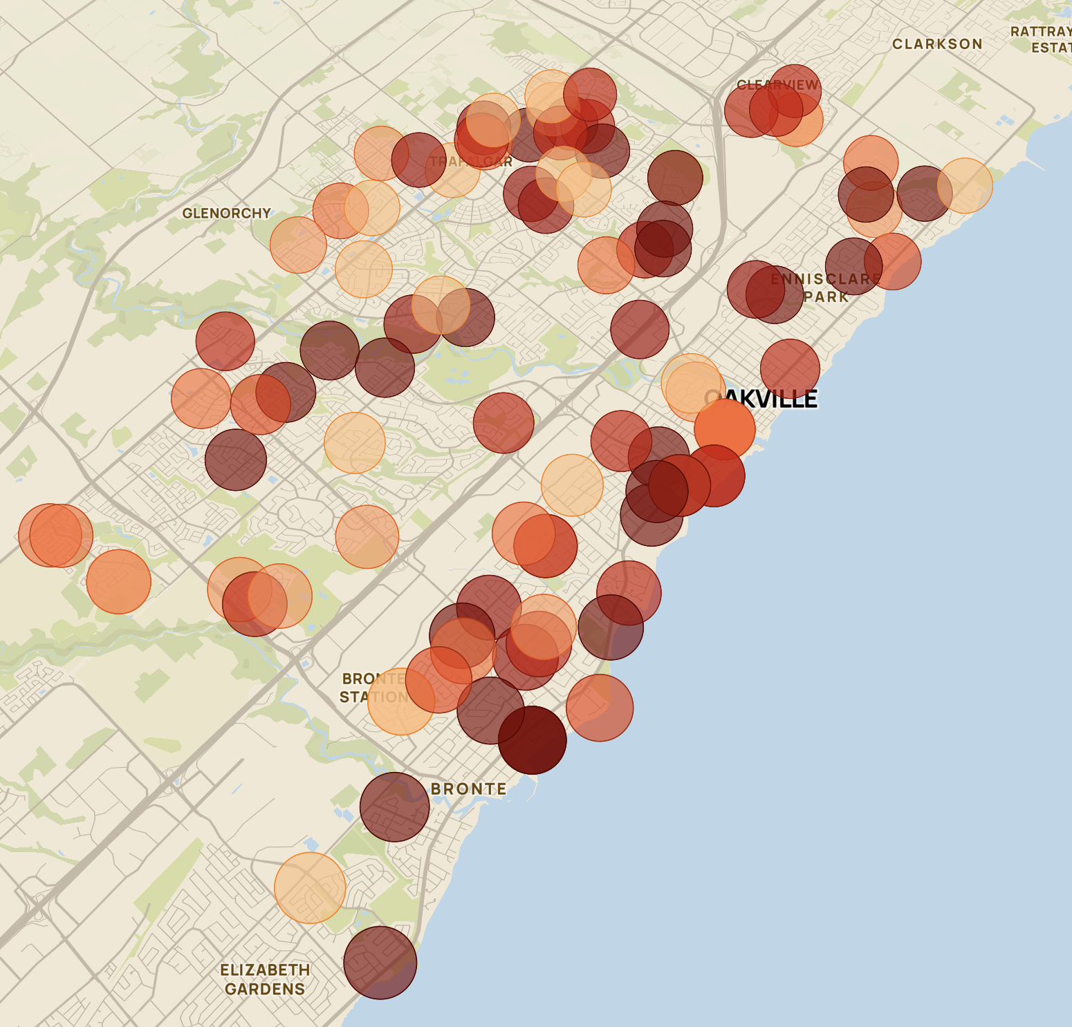 A screenshot of exploring in Mapbox with data driven circles representing house break ins in Oakville in the last 8 months.