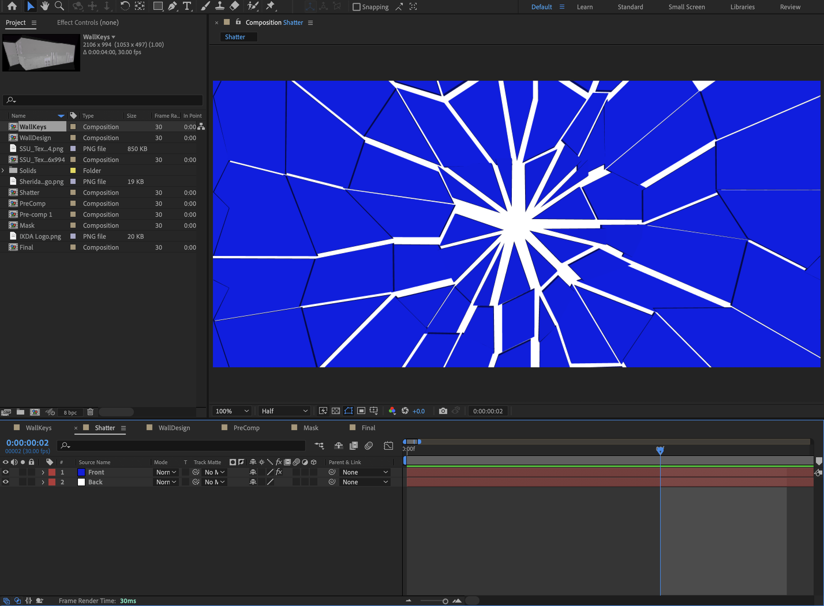A screenshot of working with the shatter effect in After Effects during the tutorial.