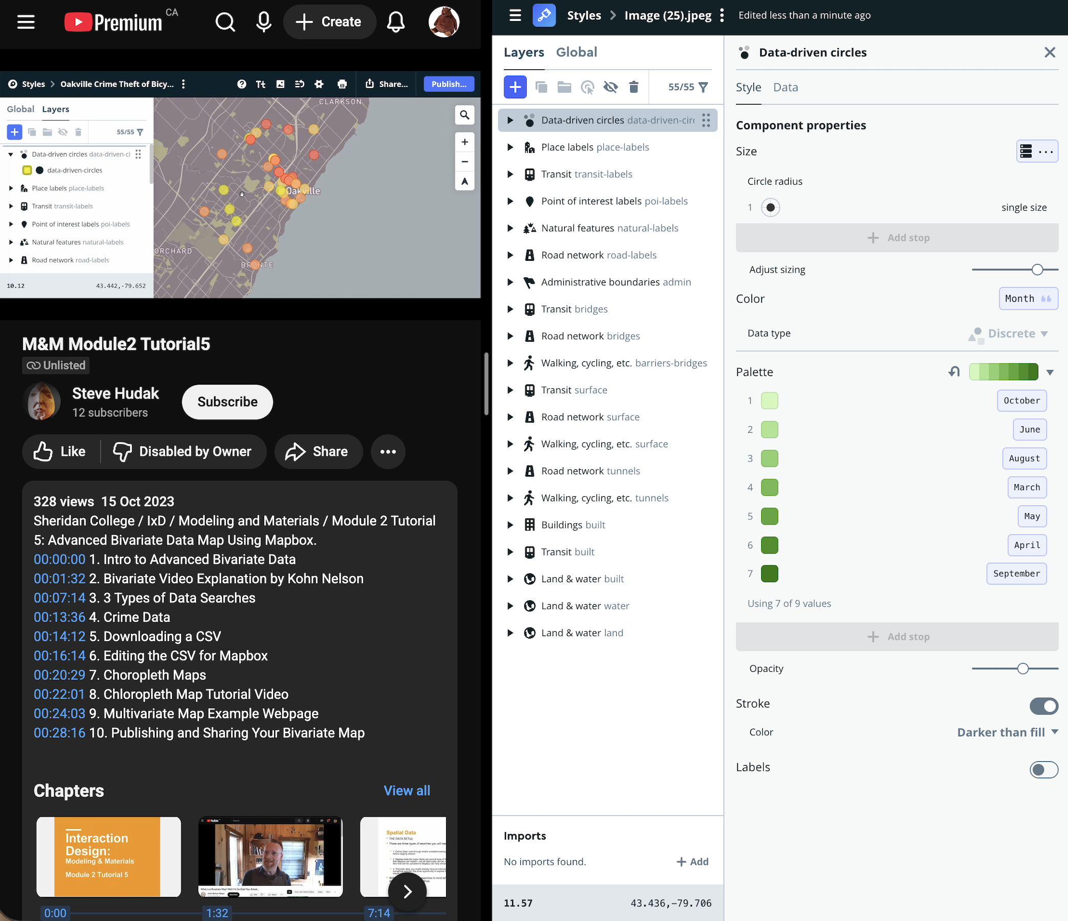 A screenshot of working in Mapbox while watching one of the tutorials.