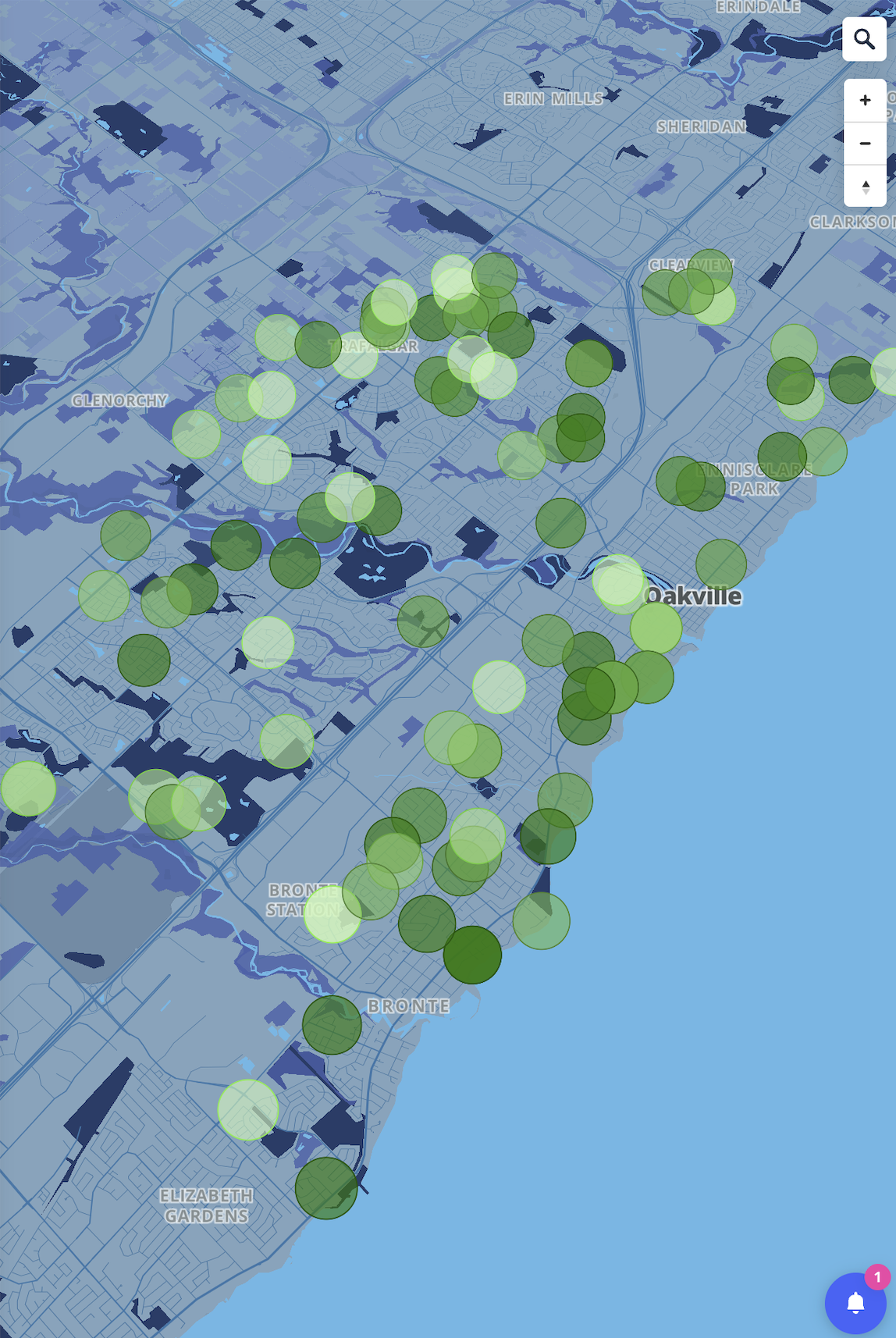 A screenshot of exploring in Mapbox with data driven circles representing house break ins in Oakville in the last 8 months.