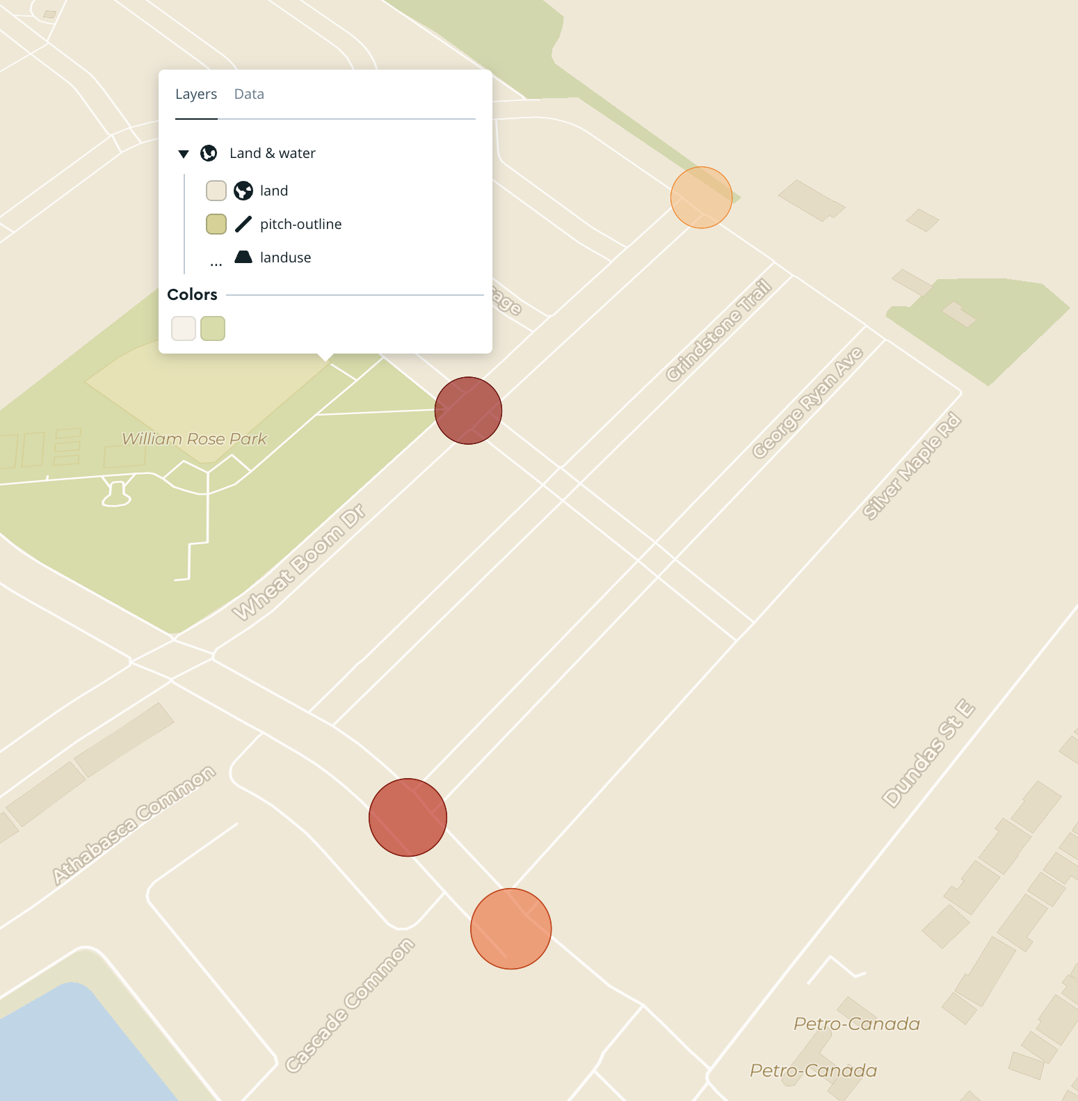 A screenshot in Mapbox with data driven circles representing house break ins in Oakville in the last 8 months focused on a specific area.
