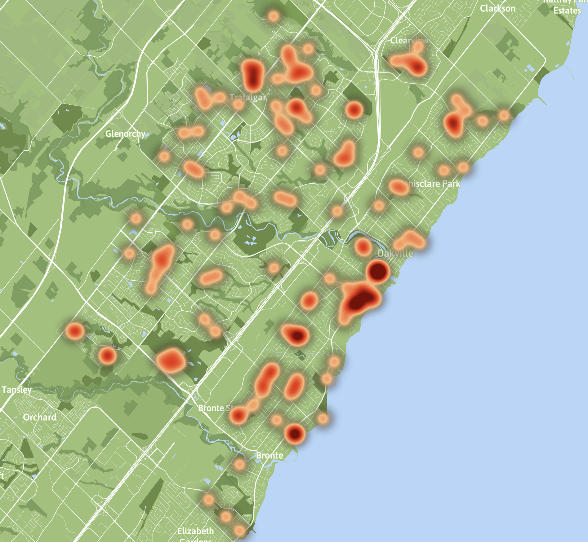 A screenshot of exploring in Mapbox with a heat map representing house break ins in Oakville.