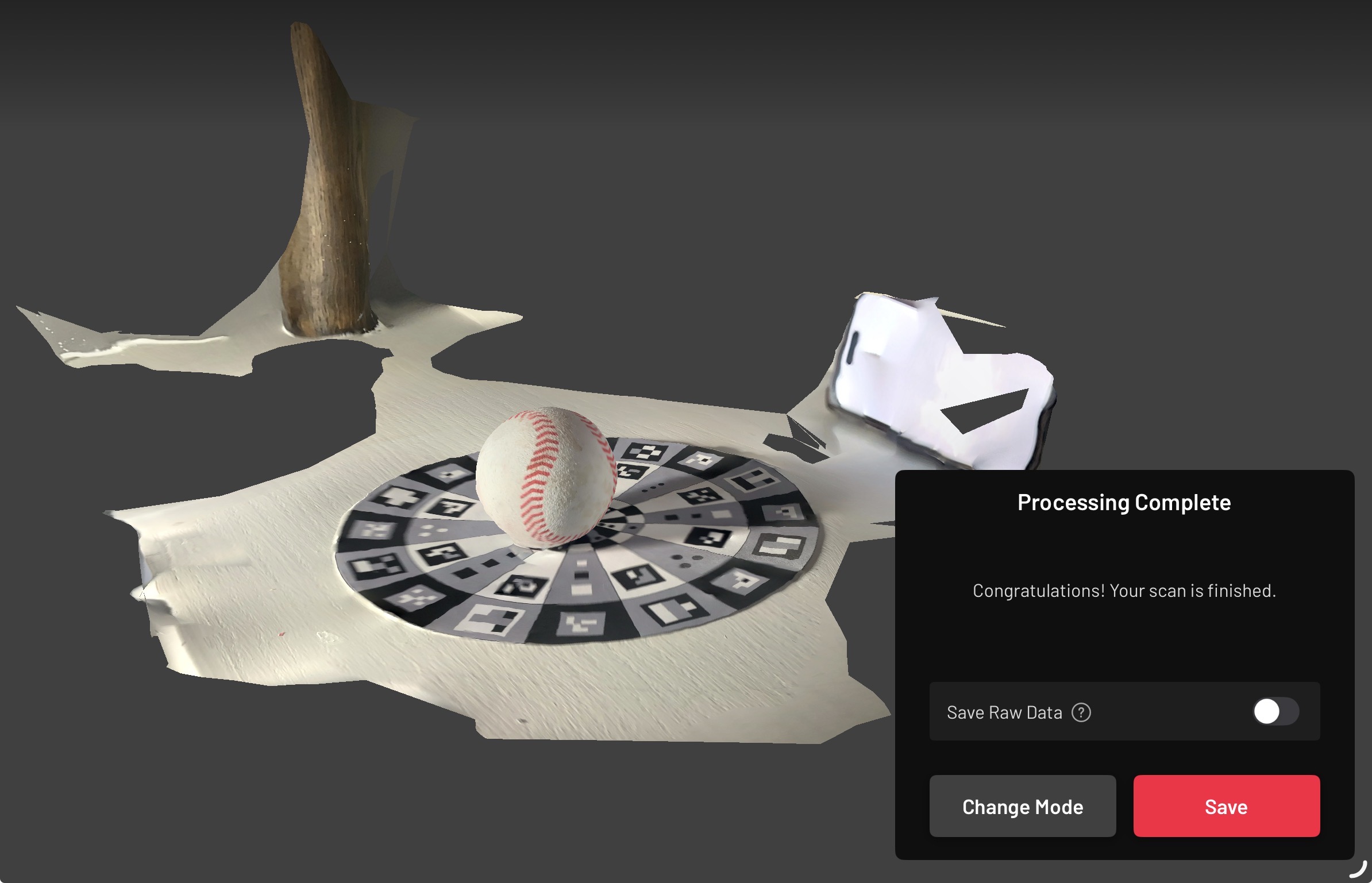 A successful attempt at scanning a baseball as an object prior to cropping the object scan.